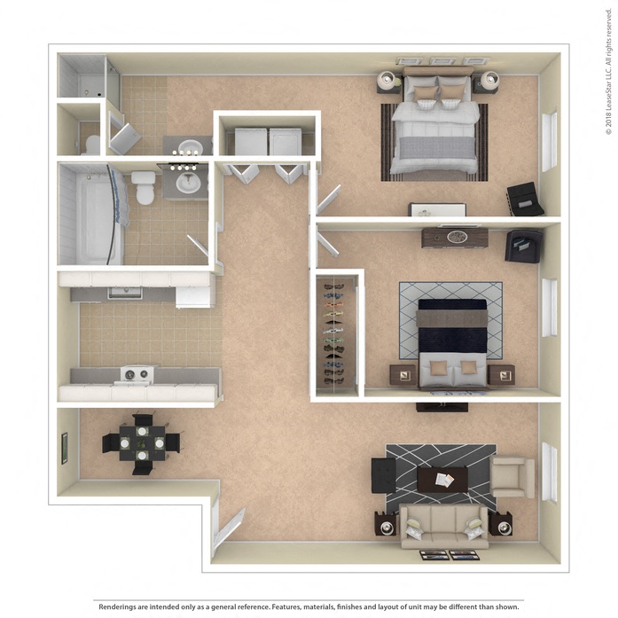 Floor plan for 2 beds, 2 baths, 1150 sqft